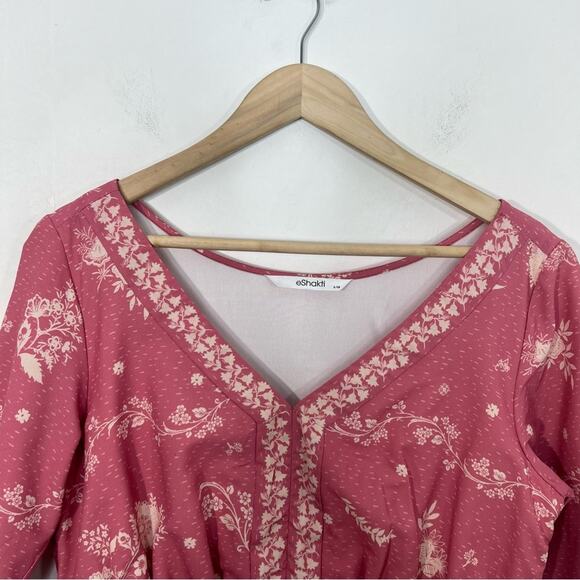 Eshakti Pink Vintage Floral Print Crepe Pleated Empire Dress Size Large or 14 - Picture 5 of 15